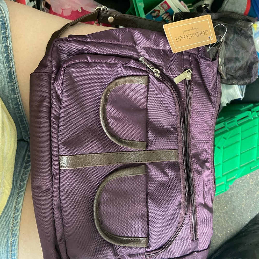 Purple Crossbody Bag with Durable Fabric and Gold Hardware